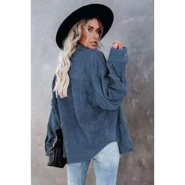 JOCAFIYE Womens Fall Fashion Jackets Tops Blue Long Sleeve Button Down Shirts Corduroy Jacket for Women L