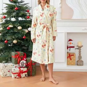Owl's-Yard Women's Soft Summer Dressing Gown Floral Fruit Print Plush Shawl Collar Bathrobe Warm Lounge Robe with Belt (A-Yellow, L)