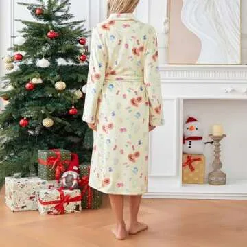 Owl's-Yard Women's Soft Summer Dressing Gown Floral Fruit Print Plush Shawl Collar Bathrobe Warm Lounge Robe with Belt (A-Yellow, L)