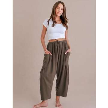 TARSE Womens Linen Wide Leg Pants Casual Loose Drawstring Low Waist Summer Beach Palazzo Harem Pants with Pockets 2025(Coffee,S)
