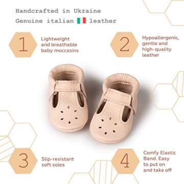 LittleBeMocs T-Strap Baby Moccasins (Italian Leather) Soft Sole Shoes for Boys and Girls | Infants, Babies, Toddlers (Beige, Numeric_5)