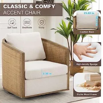 LuxyHoom Swivel Accent Chair,Upholstered Armchair with Cushion Back,Rattan Frame,Boucle Accent Chair for Living Room,Bedroom,Office,Waiting Room (Beige)