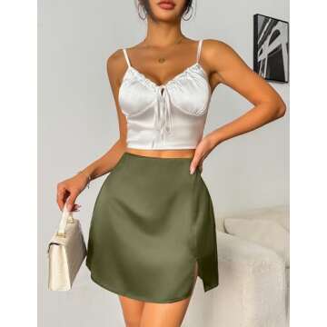 Zeagoo Womens Mini Skirt Stain Silk Skirts Sexy Stretch Fitted Bodycon Short A-Line Skirts Y2k Cute Skirts,Army Green,Medium