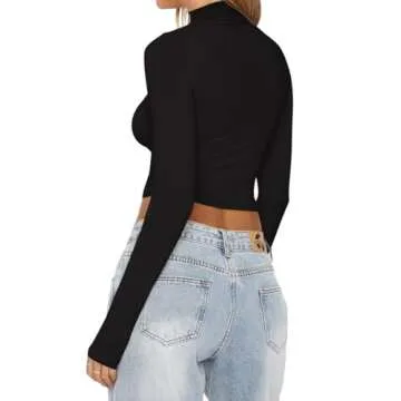 REORIA Womens Basic Mock Turtle Neck Long Sleeve Lightweight Double Lined Fall Fashion Layering Slim Soft Going Out Fitted Shirts Crop Tops Black Medium