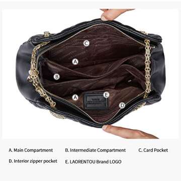 LAORENTOU Cowhide Shoulder Bag for Women Leather Small Satchel Crossbody Bag Quilted Purses With Chain Strap (Black)