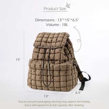 ODODOS Quilted Backpack for Women Lightweight Puffer Hiker Pack Drawstring Padding Travel Gym Bag, Brown, QuiltedBag035-Brown