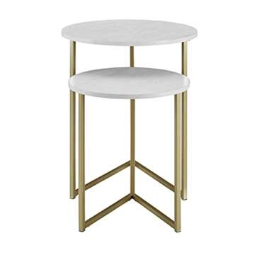 Walker Edison Modern Round Metal Base Nesting Set Side Accent Table Living Room Storage Small End Table, Set of 2, Marble and Gold