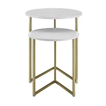 Walker Edison Modern Round Metal Base Nesting Set Side Accent Table Living Room Storage Small End Table, Set of 2, Marble and Gold