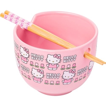 Silver Buffalo Sanrio Hello Kitty Flowers Pattern Ceramic Ramen Noodle Rice Bowl with Chopsticks, Mi...