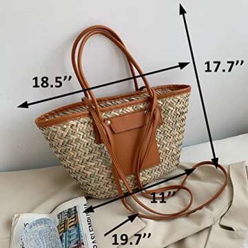 QTKJ Summer Beach bag, Handwoven Straw Bag, Basket Bag Leather Panels Hand Bag, Straw Crossbody Bags...
