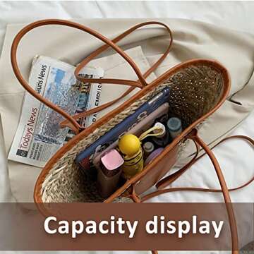 QTKJ Summer Beach bag, Handwoven Straw Bag, Basket Bag Leather Panels Hand Bag, Straw Crossbody Bags for Women Rattan Shoulder Bag