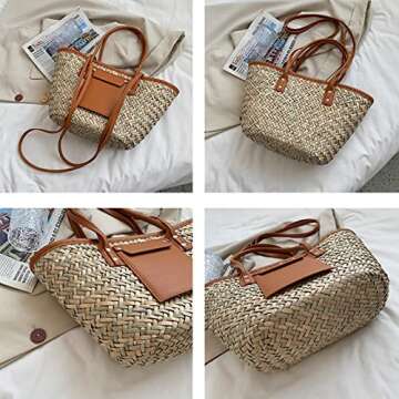 QTKJ Summer Beach bag, Handwoven Straw Bag, Basket Bag Leather Panels Hand Bag, Straw Crossbody Bags for Women Rattan Shoulder Bag