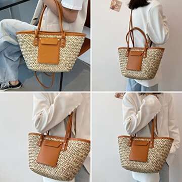 QTKJ Summer Beach bag, Handwoven Straw Bag, Basket Bag Leather Panels Hand Bag, Straw Crossbody Bags for Women Rattan Shoulder Bag
