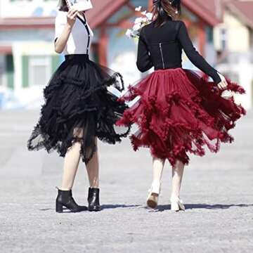 Asymmetrical Tulle Skirts for Women: High Waist Ruffle Tiered Party Tutu Midi Skirt