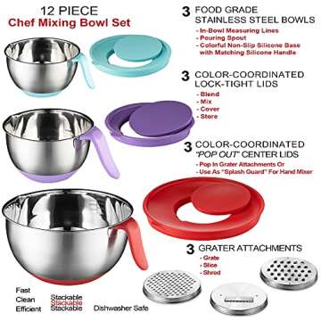 Stainless Steel Mixing Bowls with Lids (Set of 3) - Features Long Handles, Pour Spout, Non Slip Colo...
