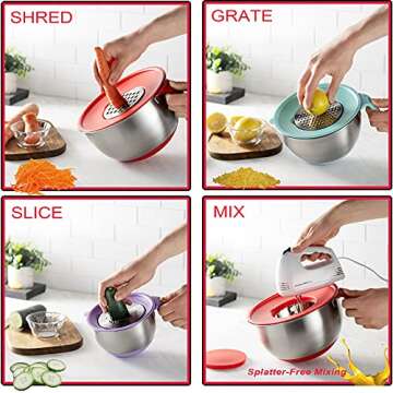 Stainless Steel Mixing Bowls with Lids (Set of 3) - Features Long Handles, Pour Spout, Non Slip Colorful Silicone Bottom, 3 Graters, & Measurement Marks. Ideal for Baking, Serving, Food & Salad Prep.