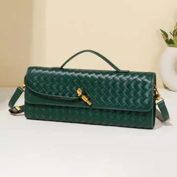JYG Woven Handbag for Women Fashion Evening Shoulder Bag PU Leather Handmade Clutch Purse Dark Green Casual Crossbody Bags 2024
