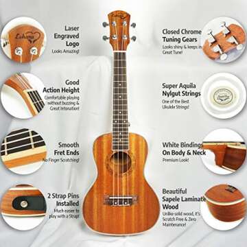 Ukulele Concert Size Bundle From Lohanu (LU-C) 2 Strap Pins Installed FREE Uke Strap Case Tuner Picks Hanger Aquila Strings Installed Free Video Lessons BEST UKULELE BUNDLE DEAL Purchase Today!