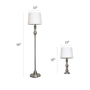 Elegant Designs LC1015-BST Brushed Steel Three Pack Lamp Set (2 Table Lamps, 1 Floor Lamp) with White Fabric Shades