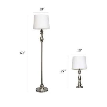 Elegant Designs LC1015-BST Brushed Steel Three Pack Lamp Set (2 Table Lamps, 1 Floor Lamp) with White Fabric Shades
