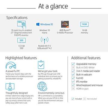 HP 27-inch Touchscreen All-in-One Desktop Computer, AMD Ryzen 5 4500U Processor,16 GB RAM, 512 GB SSD, Windows 10 Home (27-dp0160, Silver)