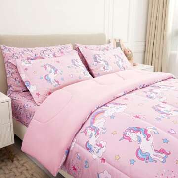 Mooreeke Kids Twin Comforter Sets for Girls 6 Pieces Pink Unicorn Bedding Set for Teens Soft Microfi...