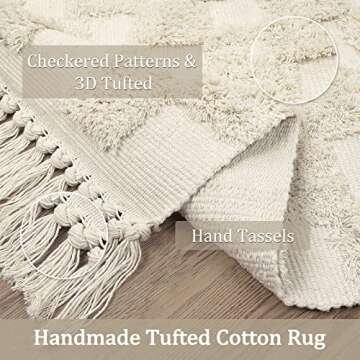 Lahome Checkered Boho Bathroom Rugs, Small 2x3 Rug Checkered Bath Mat Farmhouse Kitchen Rug Washable Tufted Rug with Tassels, Non-Shedding Neutral Woven Beige Rug Indoor Carpet for Bedroom Table