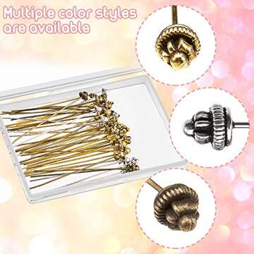 60 Pieces Head Pins for Jewelry Making Flower Beads Ball Pins 2.1 Inch with Clear Box for Jewelry Making Earring Bracelet DIY Accessories, Silver, 3 Colors(Modern Style)