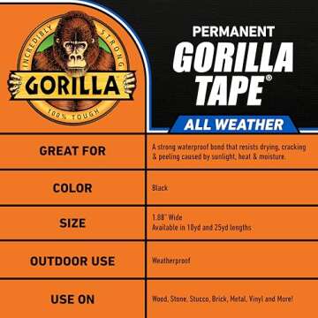 Gorilla All Weather Outdoor Waterproof Duct Tape, UV and Temperature Resistant, 1.88inch x 25 yd, Black