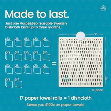 Harps&Seb Swedish Dishcloths for Kitchen Dish Towels - 6 Pack, Reusable Paper Towels with Clips, Super Absorbent Washable Non-Scratch Swedish Dish Towels, No Odor, Biodegradable