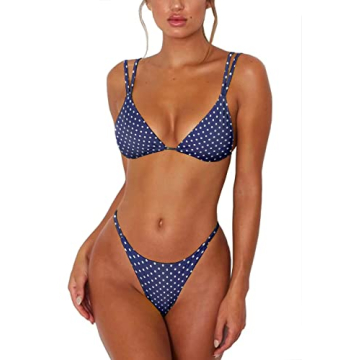 ForBeautyShe Women's Polka Dot High Cut Thong Bikini Sets Sexy 2PCS Swimsuit M