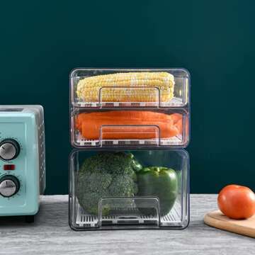 Qielie Food Storage Containers-Double Layer Pantry Organizer with Lids, Removable Drain Tray Fruit Vegetables Storage Rack Clear Fridge Storage Stackable Meal Fresh Keeper Bins