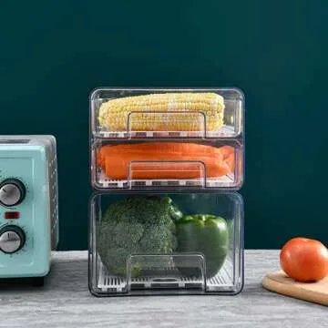 Qielie Food Storage Containers-Double Layer Pantry Organizer with Lids, Removable Drain Tray Fruit Vegetables Storage Rack Clear Fridge Storage Stackable Meal Fresh Keeper Bins