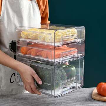 Qielie Food Storage Containers-Double Layer Pantry Organizer with Lids, Removable Drain Tray Fruit Vegetables Storage Rack Clear Fridge Storage Stackable Meal Fresh Keeper Bins