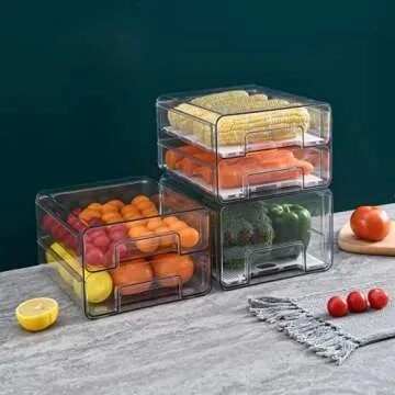 Qielie Food Storage Containers-Double Layer Pantry Organizer with Lids, Removable Drain Tray Fruit Vegetables Storage Rack Clear Fridge Storage Stackable Meal Fresh Keeper Bins