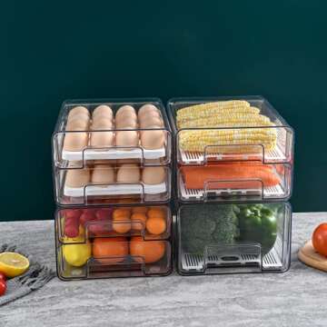 Qielie Food Storage Containers-Double Layer Pantry Organizer with Lids, Removable Drain Tray Fruit Vegetables Storage Rack Clear Fridge Storage Stackable Meal Fresh Keeper Bins