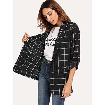 Milumia Women's Open Front Blazer Casual lightweight Plaid Roll Up Sleeve Jacket Shirt Black Small
