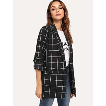 Milumia Women's Open Front Blazer Casual lightweight Plaid Roll Up Sleeve Jacket Shirt Black Small