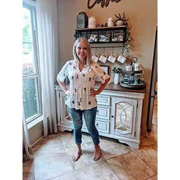 WLLW Women Bohemian Short Sleeve V Neck Floral Print T Shirt Babydoll Shirt Blouse Tunic Top (White, XL)