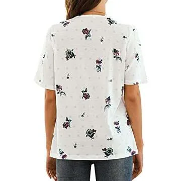 WLLW Women Bohemian Short Sleeve V Neck Floral Print T Shirt Babydoll Shirt Blouse Tunic Top (White, XL)
