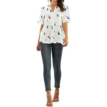 WLLW Women Bohemian Short Sleeve V Neck Floral Print T Shirt Babydoll Shirt Blouse Tunic Top (White, XL)