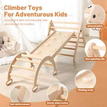 JungleDove 5 in 1 Wooden Climbing Toys for Toddlers - Foldable Climbing Triangle,Arch Climber, Climp Ramp - Montessori Toys for Babies Kids Climbing Toys Indoor & Outdoor - Girls & Boys Gift (Natural)