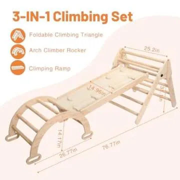 JungleDove 5 in 1 Wooden Climbing Toys for Toddlers - Foldable Climbing Triangle,Arch Climber, Climp Ramp - Montessori Toys for Babies Kids Climbing Toys Indoor & Outdoor - Girls & Boys Gift (Natural)