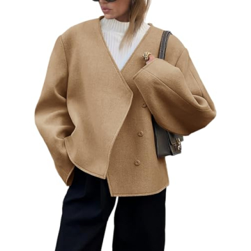 Cicy Bell Womens Cropped Wool Jackets Fall V Neck Short Pea Coats Single Breasted Outerwear Winter O...