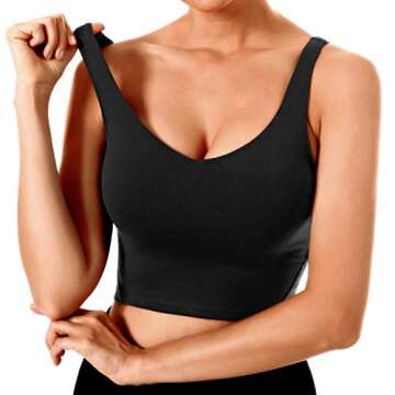 Abrithy Women’s Sports Bra Longline Padded Crop Tank Top for Workout Fitness Yoga Running Black , Medium