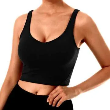 Abrithy Women’s Sports Bra Longline Padded Crop Tank Top for Workout Fitness Yoga Running Black , Medium