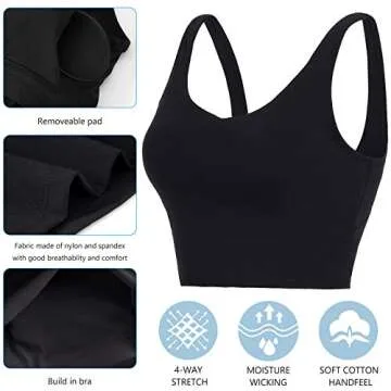 Abrithy Women’s Sports Bra Longline Padded Crop Tank Top for Workout Fitness Yoga Running Black , Medium