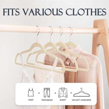 HOUSE DAY Beige Velvet Hangers 60 Pack, Non Slip Clothes Felt Hanger Heavy Duty for Coat, Premium Slim Space Saving Suit Hangers for Closet Organizer, 360° Rotating Silver Hook