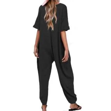 Nirovien Women's Solid Color V Neck Jumpsuits Casual Half Sleeve Long Rompers Beam Foot Baggy Overal...