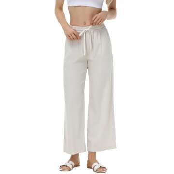 MCEDAR Linen Blend Pants for Women High Waisted Wide Leg Striped Drawstring Beach Pants with Pockets Light Flax-BM